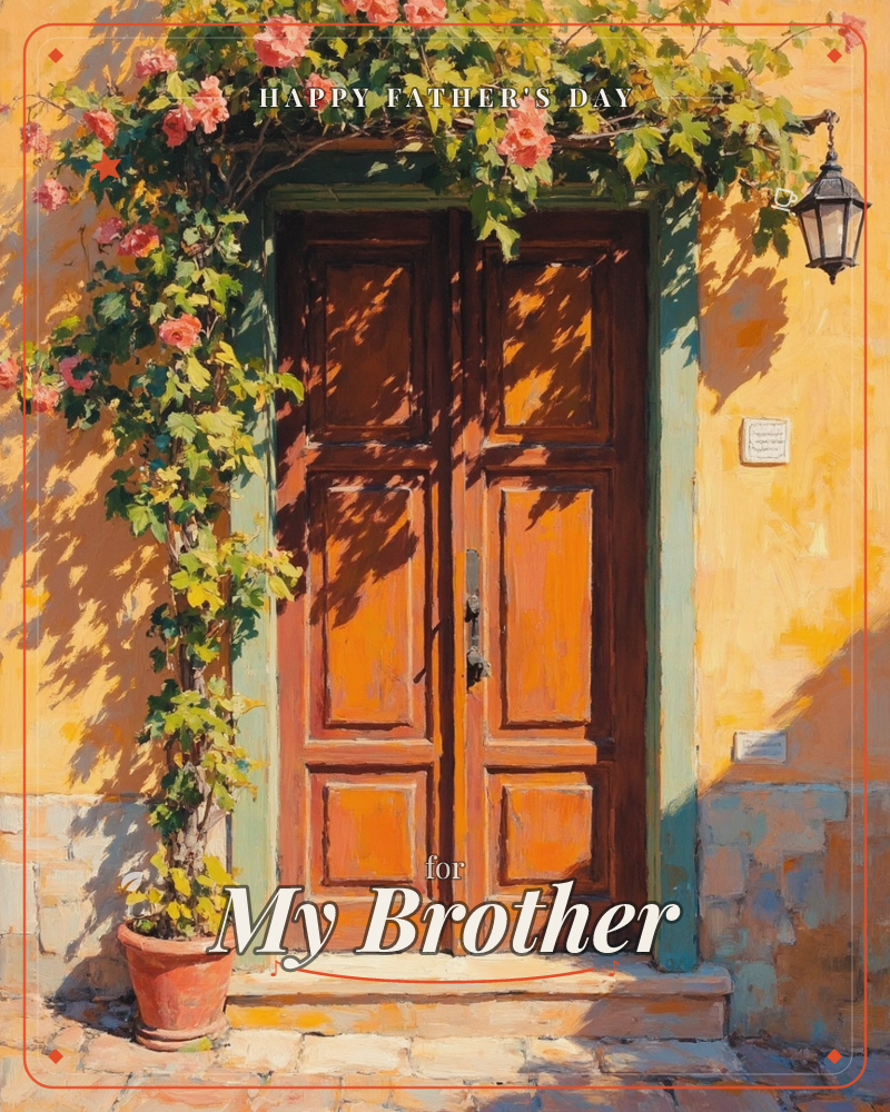 A weathered wooden double door sits in a sun-warmed ochre wall, framed by a climbing vine heavy with coral-pink blossoms that arch overhead like a canopy, a fathersday e-card design