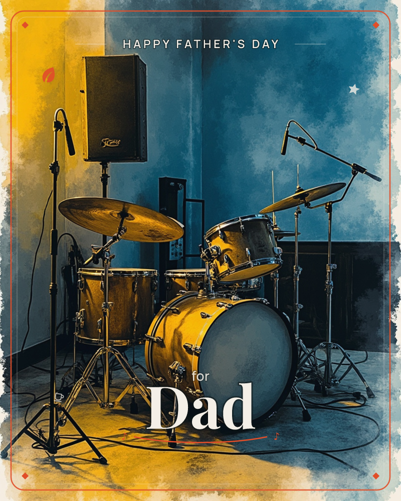 A gold-toned drum kit sits alone in a rehearsal space, microphones angled toward the cymbals and toms as if waiting for the next take, a fathersday e-card design