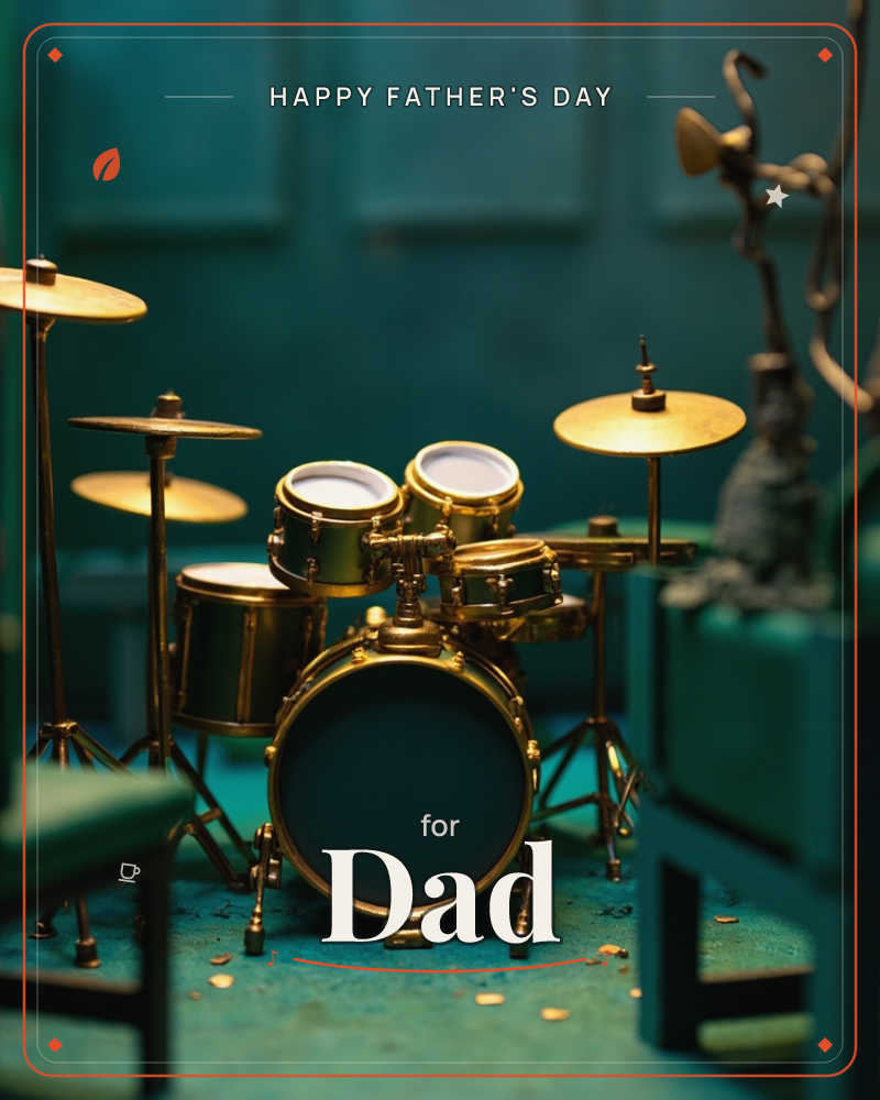 A miniature gold drum kit gleams under a single spotlight against a moody teal-black backdrop, its cymbals and bass drum catching warm light while…, a fathersday e-card design