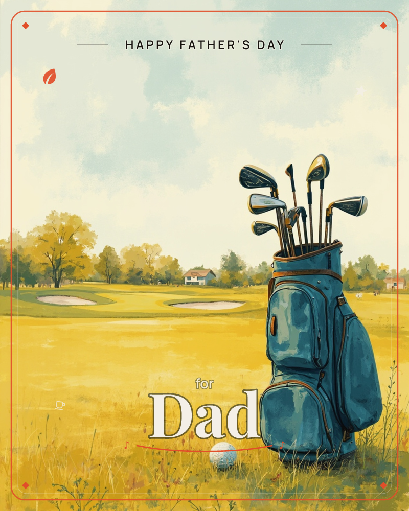 A teal golf bag stuffed with clubs stands on a sun-warmed fairway, sand traps and a distant clubhouse blurring into golden rough, a fathersday e-card design
