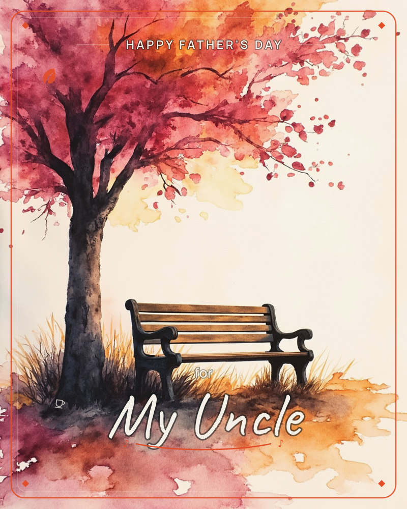 A watercolour illustration shows a solitary park bench beneath an autumn tree with crimson and pink leaves, its branches spreading wide against a pale…, a fathersday e-card design