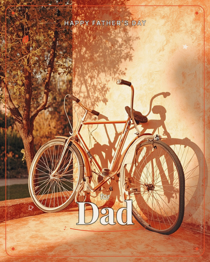 A vintage bicycle leans against a sun-warmed stucco wall, its long shadow thrown sideways across the plaster, a fathersday e-card design