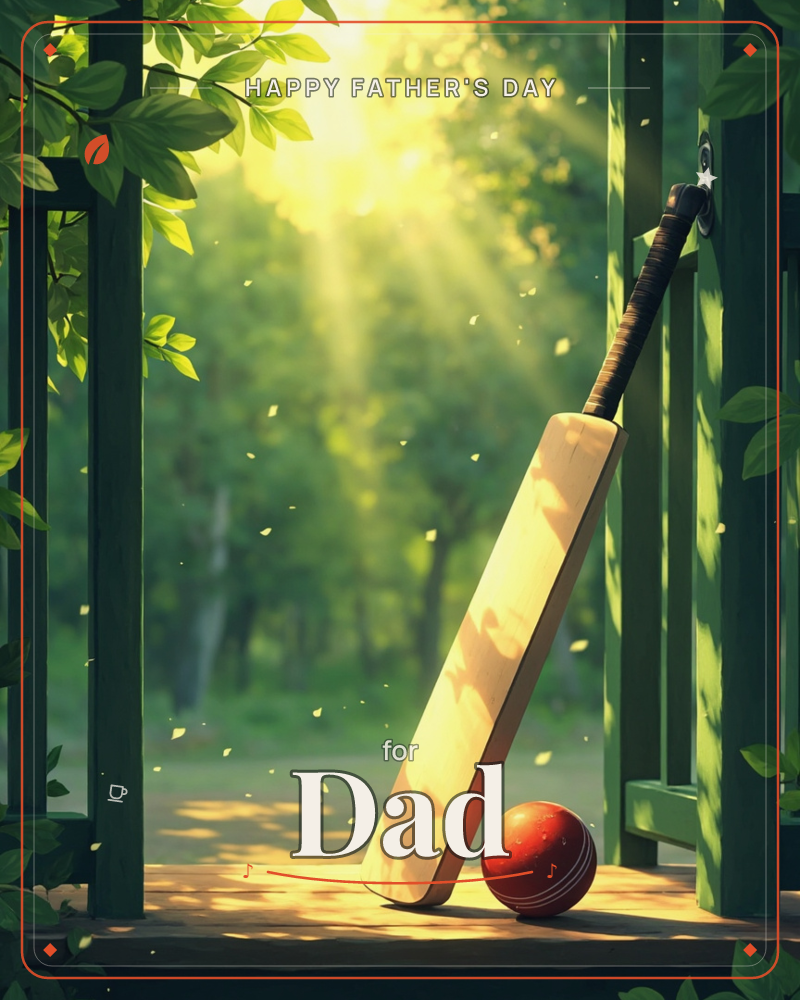 A wooden cricket bat leans against a green gate post beside a red ball, framed by leafy branches as golden sunlight streams through the trees behind, a fathersday e-card design