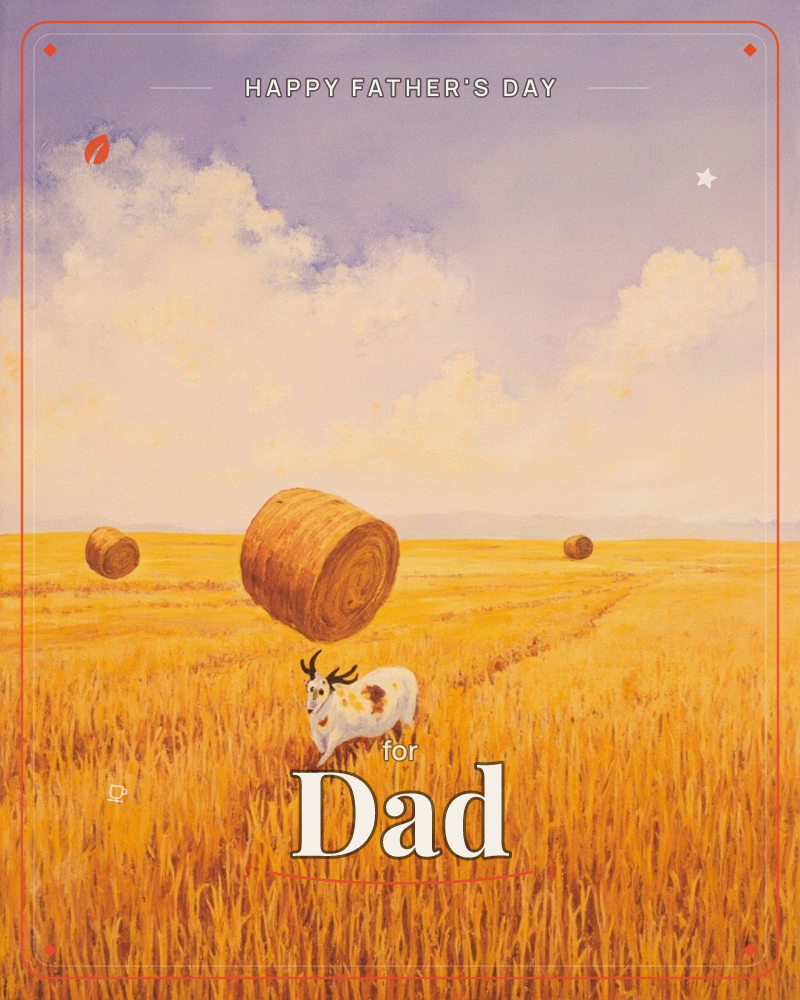 A golden stubble field stretches beneath a violet-blue sky streaked with billowing clouds, three round hay bales scattered across the harvested land, a fathersday e-card design