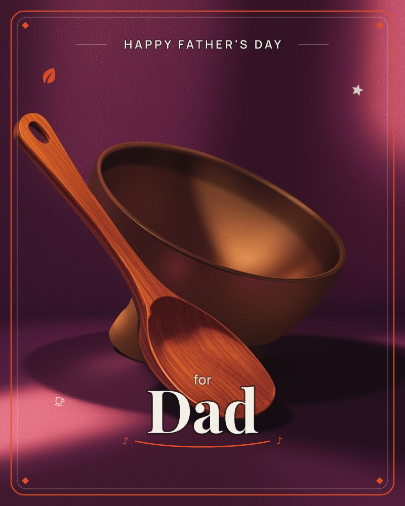 A wooden spoon leans against a tall bowl on a pedestal base, both rendered in polished walnut tones against a deep magenta backdrop, a fathersday e-card design