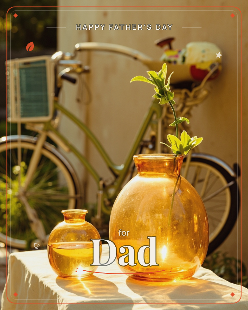 A pair of amber glass vases catch the late afternoon sun on a white-clothed table, one holding a single leafy stem, the other just water and light, a fathersday e-card design