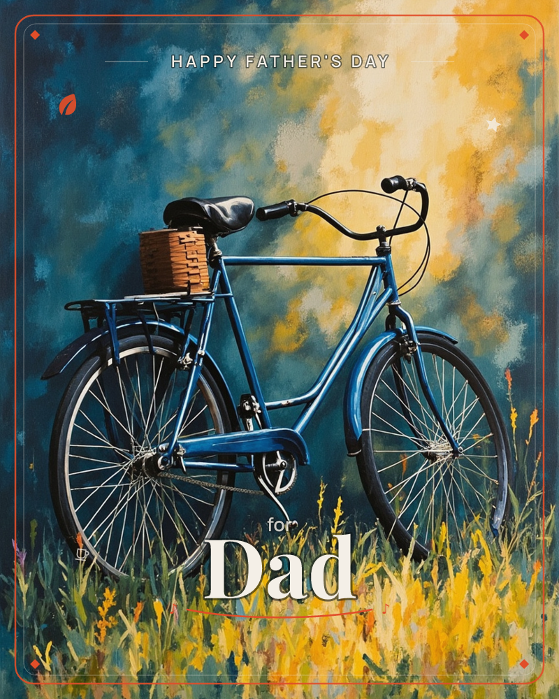 A vintage blue bicycle with a small woven basket on the rear rack stands parked in tall golden grass, its wheels rooted among wildflowers, a fathersday e-card design