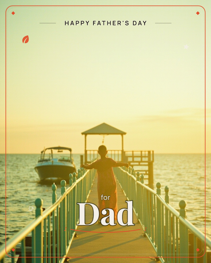 A child in a flowing orange dress runs down a long wooden pier at golden hour, arms flung wide against the railings, a small gazebo marking the pier's end, a fathersday e-card design