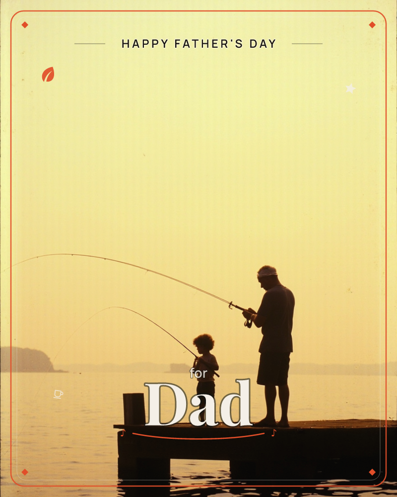 A man and a child stand silhouetted on a wooden dock at dusk, fishing rods arcing out over calm water toward a distant hazy shoreline, a fathersday e-card design