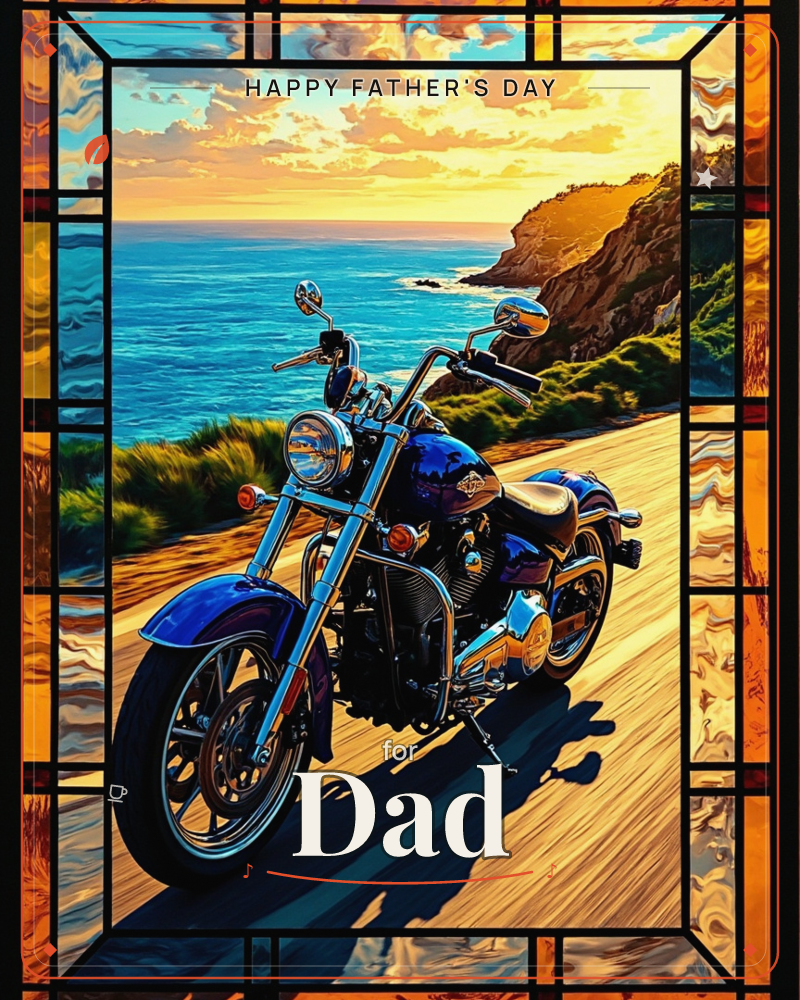A gleaming blue-black motorcycle sits parked on a coastal road at golden hour, framed by a stained-glass style border of amber and brown panels, a fathersday e-card design