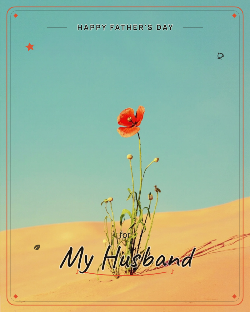 A single red poppy stands upright against a smooth sand dune, its long stem casting a sharp shadow across the pale gold slope, a fathersday e-card design