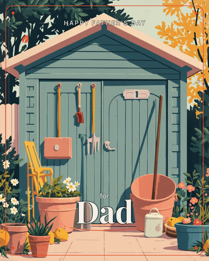 A sage-green garden shed with a pale pink roofline sits tucked beneath dappled trees, its doors hung with garden forks and a trowel on yellow pegs, a fathersday e-card design