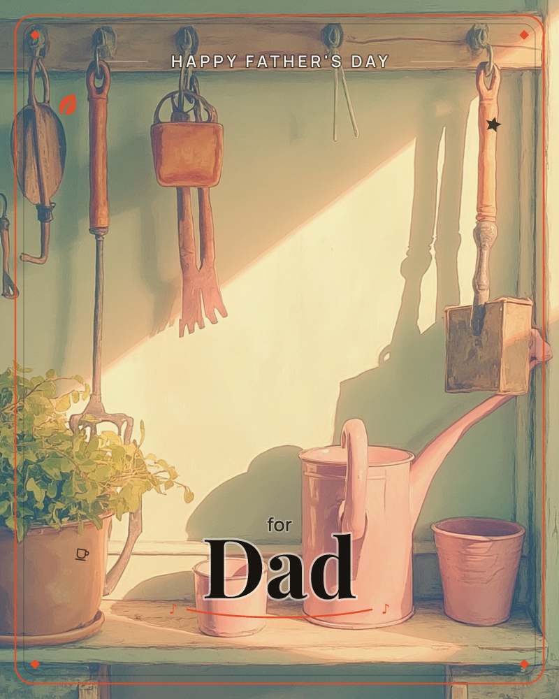 A garden shed wall in soft afternoon light, hung with garden gloves, a hand fork, and a small wooden tool on pegs, casting long shadows across the pale…, a fathersday e-card design