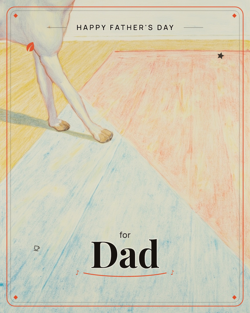 A colored-pencil drawing shows only the lower legs and bare feet of a figure standing at the edge of a horizon line, the ground beneath them broken…, a fathersday e-card design