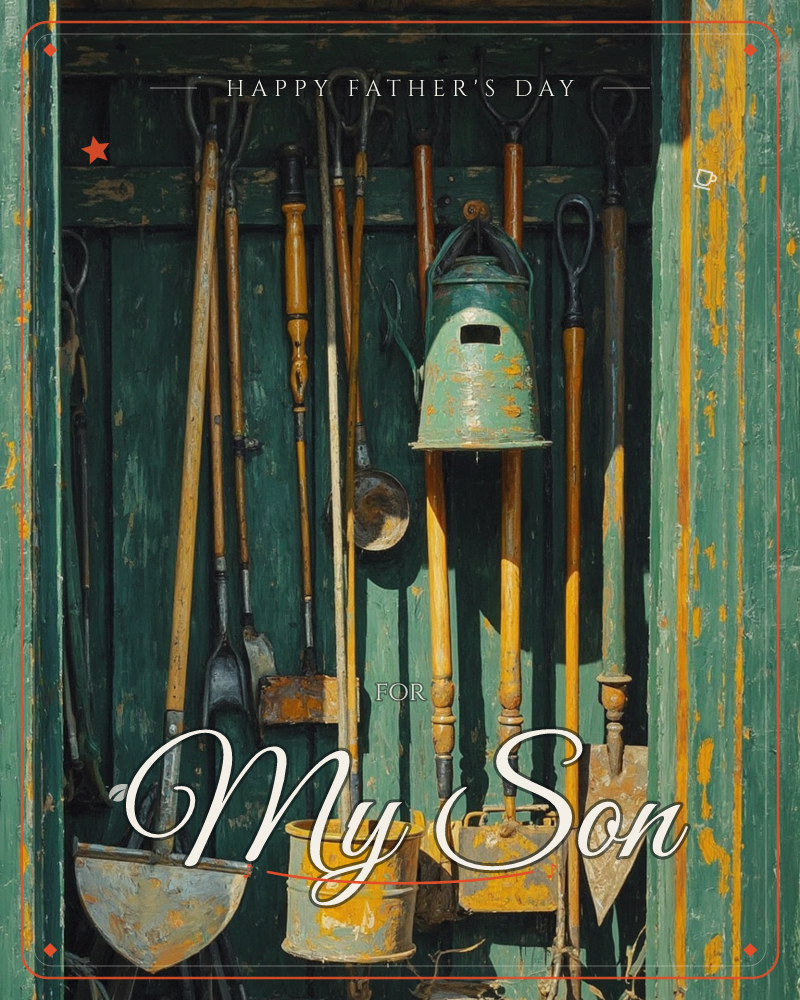 A weathered garden shed stands open, its peeling green doors framing a wall of well-used tools hung on hooks, a fathersday e-card design