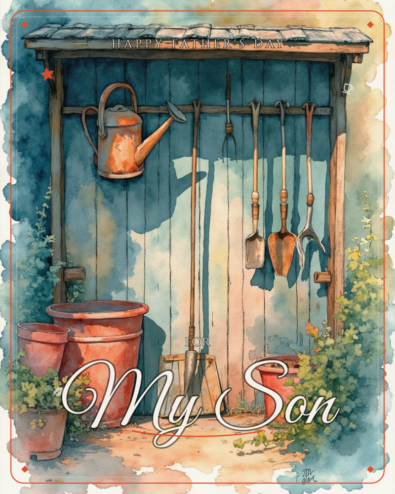 A weathered blue garden shed wall holds a copper watering can and a row of hand tools hung neatly from pegs, their handles catching warm afternoon light, a fathersday e-card design