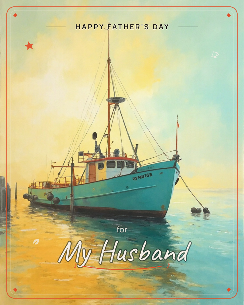 A weathered teal fishing boat sits moored at a quiet dock as a hazy golden sky melts into turquoise water at dawn or dusk, a fathersday e-card design