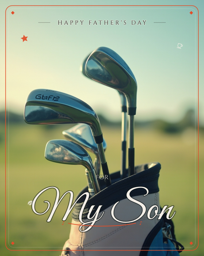 A close-up of polished golf iron heads catching warm sunlight as they rest in a bag, with a soft blur of green fairway stretching out behind them, a fathersday e-card design