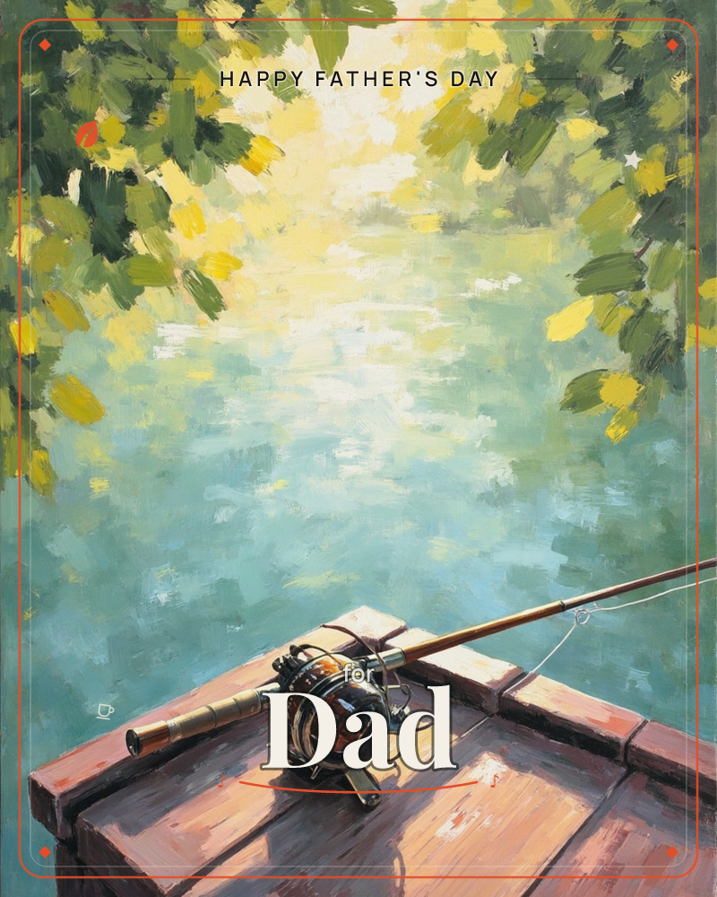 A fishing rod and reel rest across the wooden bow of a small boat, drifting on a still, sun-dappled lake, a fathersday e-card design