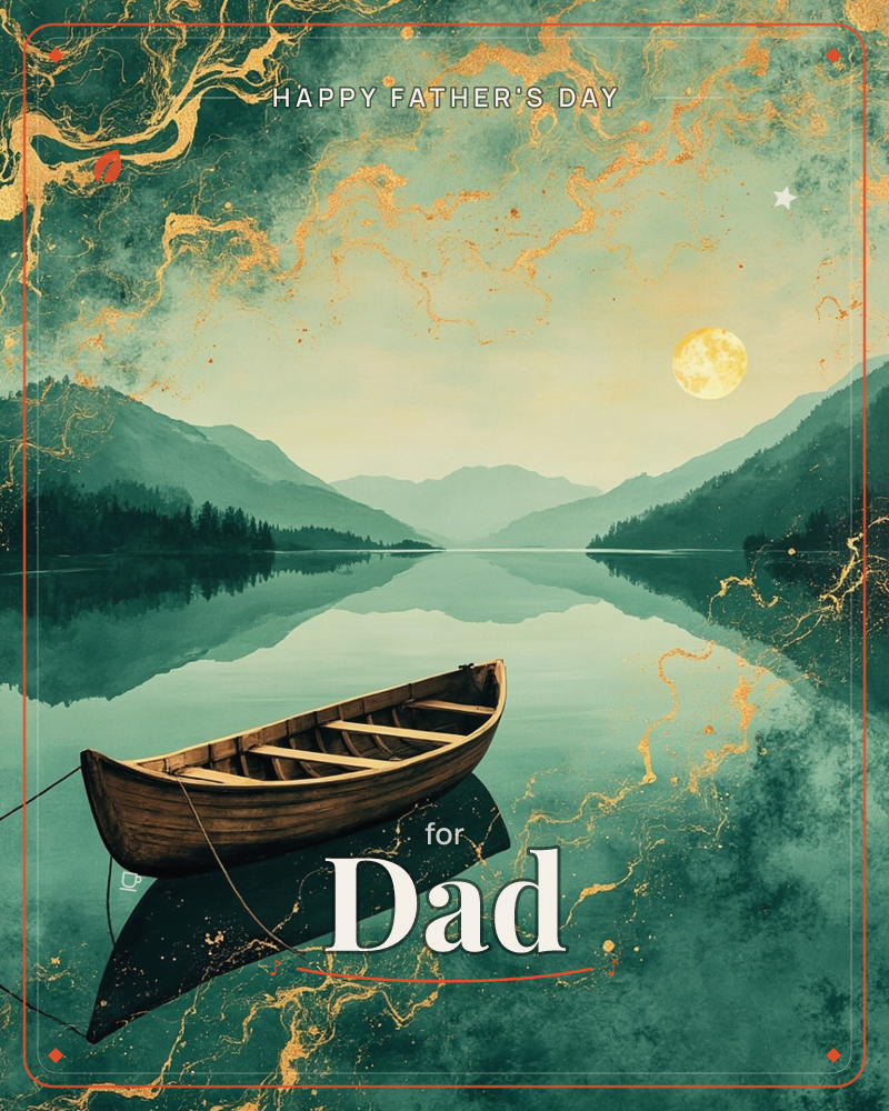 An empty wooden rowboat drifts on a glassy lake, moored by a loose rope, beneath a full golden moon rising between layered mountain ridges, a fathersday e-card design