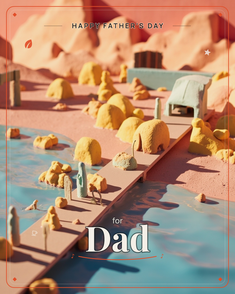 A miniature desert village rendered in textured clay, with a pale path winding between sandy-yellow rock formations and tiny sculpted trees toward…, a fathersday e-card design