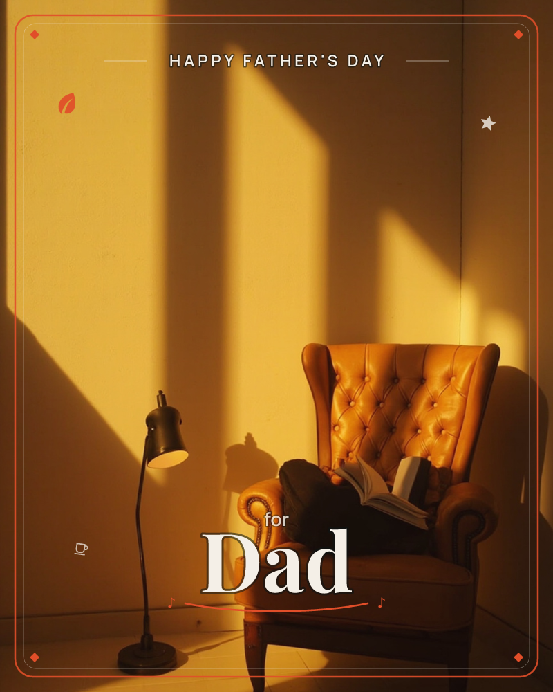 Late afternoon sun rakes across a bare corner, throwing tall window shadows over the wall and floor, a fathersday e-card design