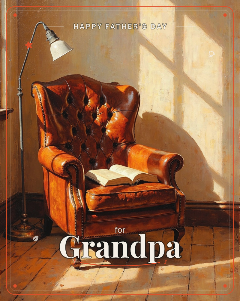 A tufted brown leather wingback chair sits empty in a sunlit corner, an open book resting face-down on its seat cushion, a fathersday e-card design