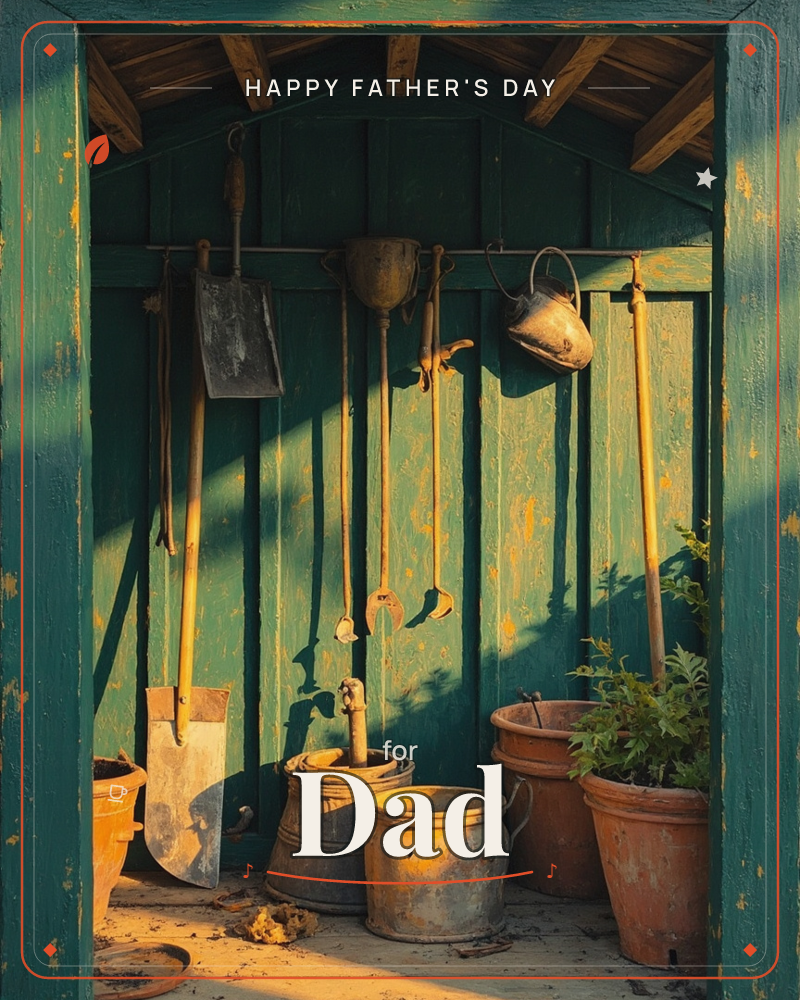 A weathered garden shed with peeling teal-green paint glows in late afternoon light, its wooden interior hung with rusty tools, a watering can, and a…, a fathersday e-card design