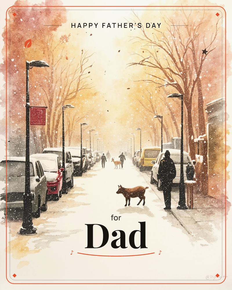 A quiet city street glows amber and gold as autumn leaves cling to bare trees while snow falls softly over parked cars and lamp posts, a fathersday e-card design