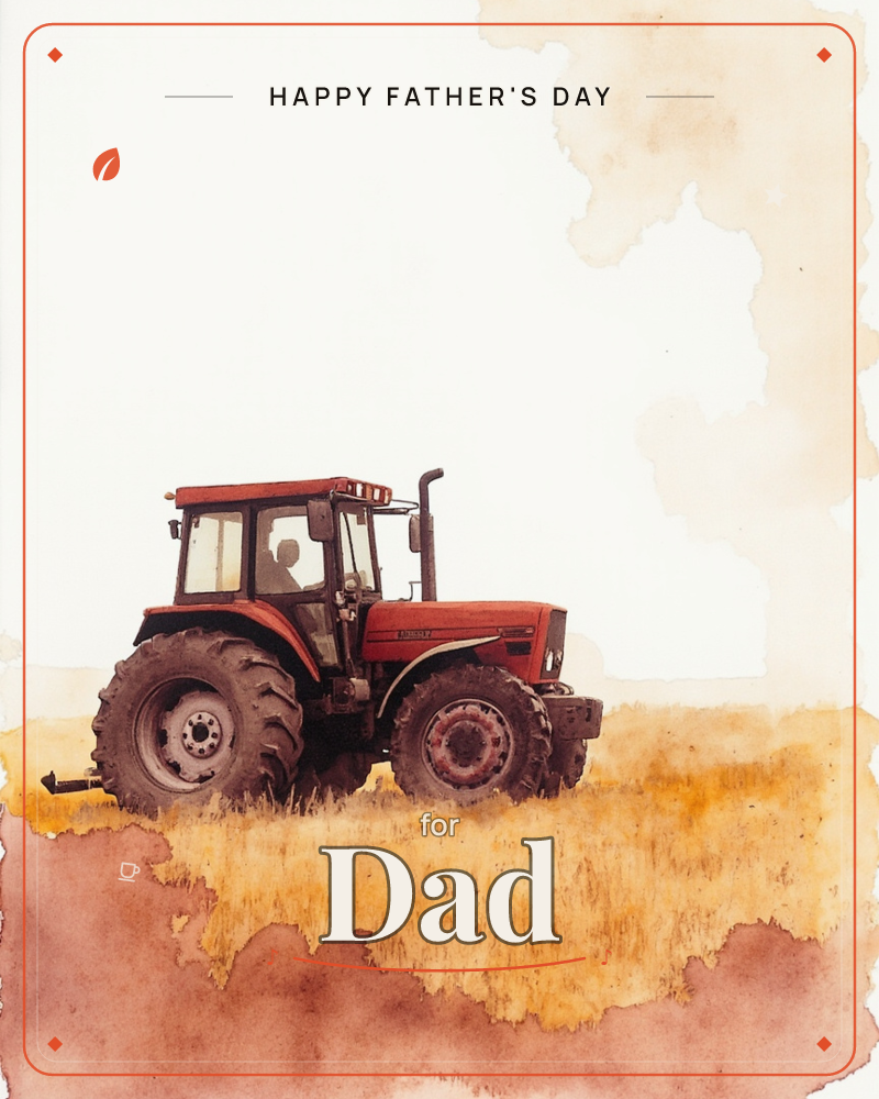A red tractor sits parked in a dry, golden field, rendered in loose watercolour with soft bleeding edges and a stained, sepia-toned border, a fathersday e-card design