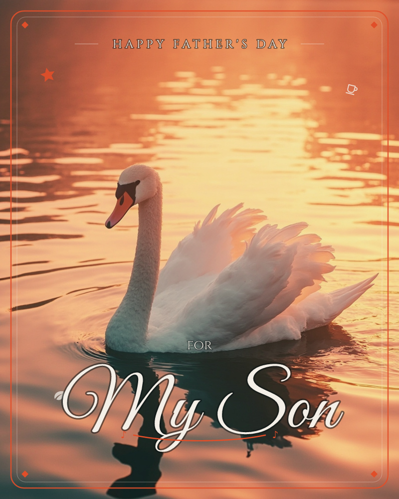 A single white swan glides across still water at sunset, its wings gently ruffled and its long neck curved gracefully forward, a fathersday e-card design