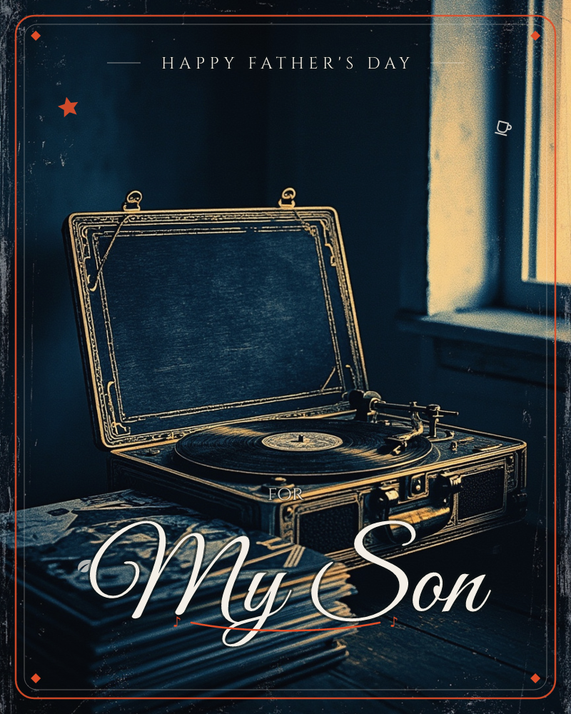 A vintage suitcase record player sits open on a wooden floor, its vinyl disc mid-spin beside a stack of old album sleeves, a fathersday e-card design