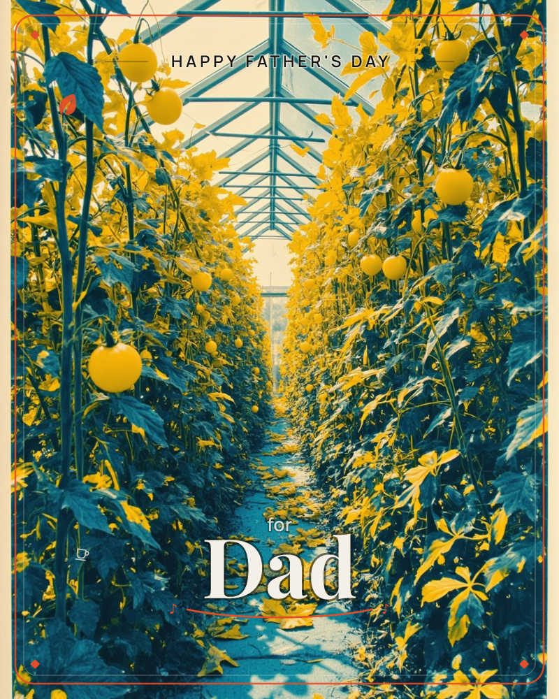 A narrow greenhouse aisle stretches toward a pale horizon, hemmed by tall vines heavy with round yellow fruit and teal-toned leaves, a fathersday e-card design