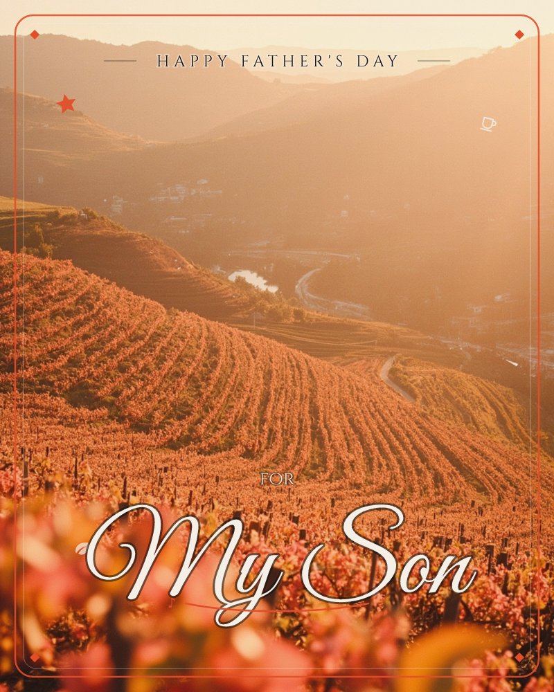 A photographic view over terraced vineyard hills glowing deep red and gold in autumn, with rows curving down into a hazy valley where a road winds…, a fathersday e-card design