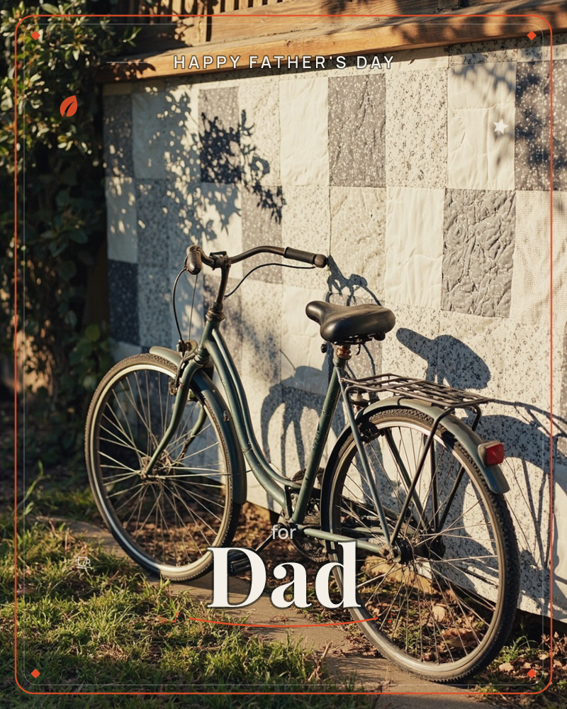 A vintage green bicycle leans against a wall patched with grey and white patterned tiles, its long shadow and the dappled shade of nearby leaves…, a fathersday e-card design