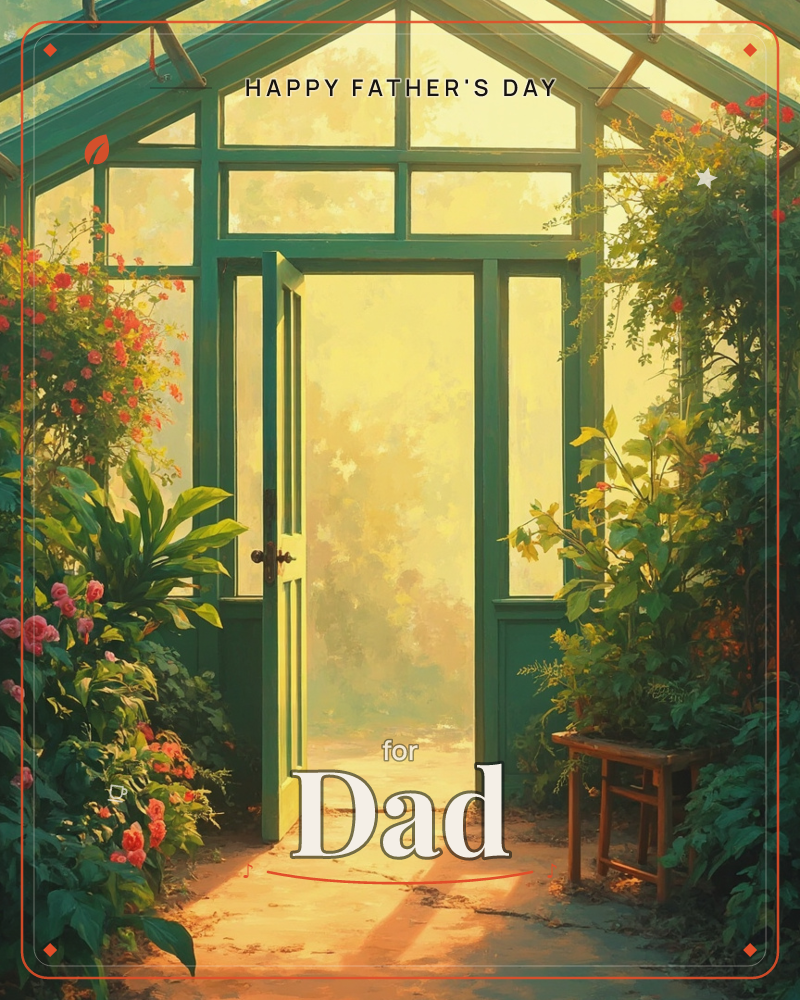A greenhouse door stands open at the end of a stone path, framed by climbing roses and lush green foliage on both sides, a fathersday e-card design