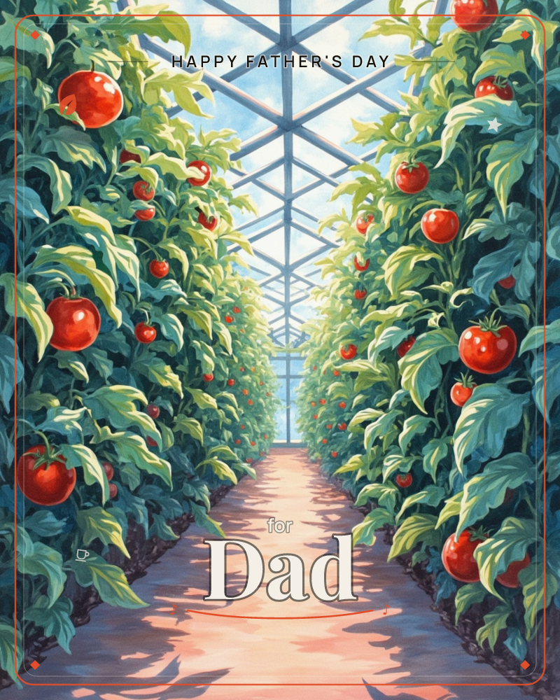 A sunlit greenhouse path runs between two towering rows of tomato vines, their leaves glowing green under a glass-and-steel roof, a fathersday e-card design