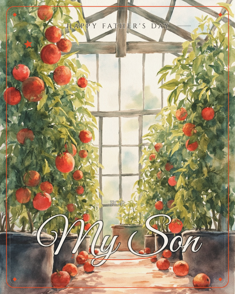 A glass greenhouse glows with soft afternoon light as tall tomato vines heavy with ripe red fruit line a brick path on either side, a fathersday e-card design