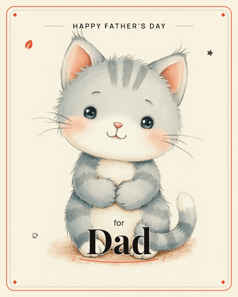 A round-faced grey tabby kitten sits upright on a soft brown shadow, paws clasped together in front of its fluffy white belly, a fathersday e-card design