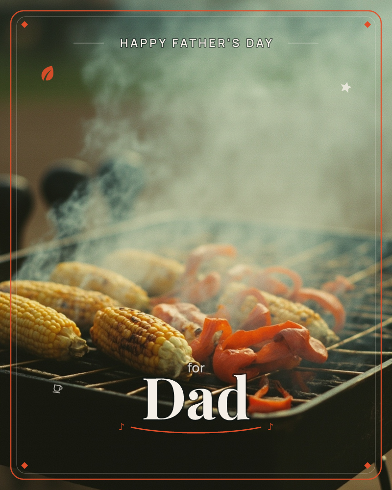 A close-up of corn cobs and curled red pepper strips sizzling on a black grill grate, smoke drifting upward against a soft, hazy background, a fathersday e-card design