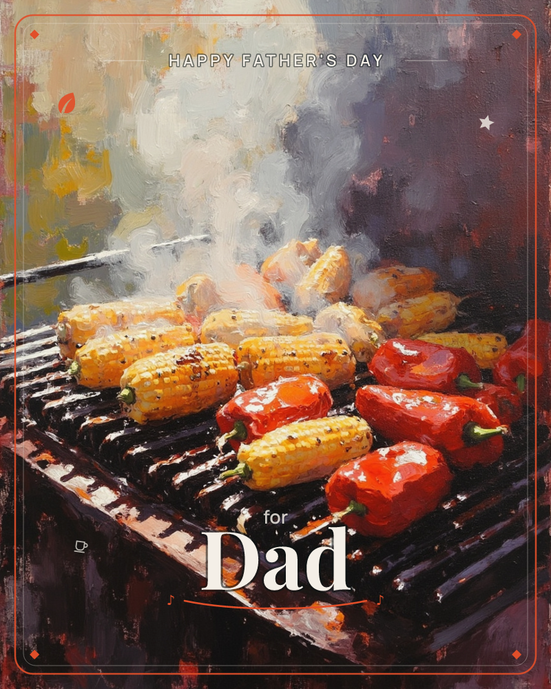 An oil-painted close-up of a barbecue grill loaded with charred corn cobs and glossy red peppers, smoke curling up against a hazy, sun-bleached background, a fathersday e-card design