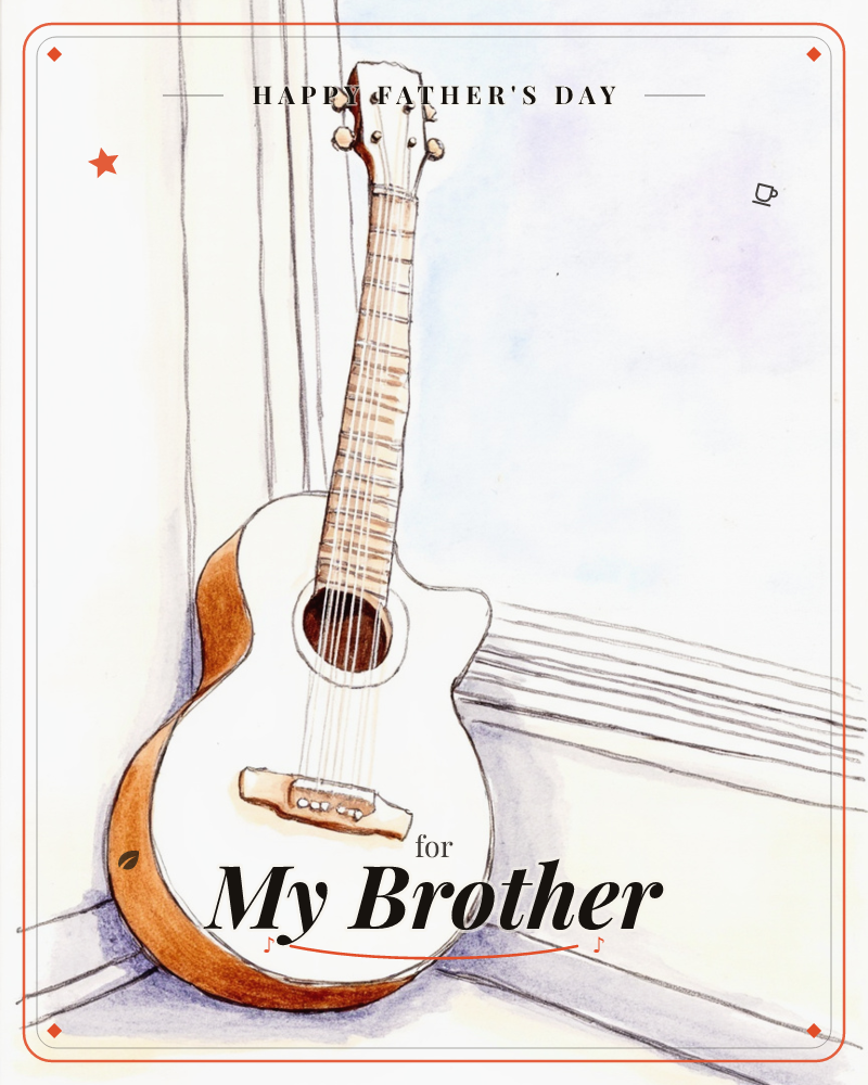 An acoustic guitar leans quietly in the corner of a room, propped against a white wall where the skirting board meets the floor, a fathersday e-card design
