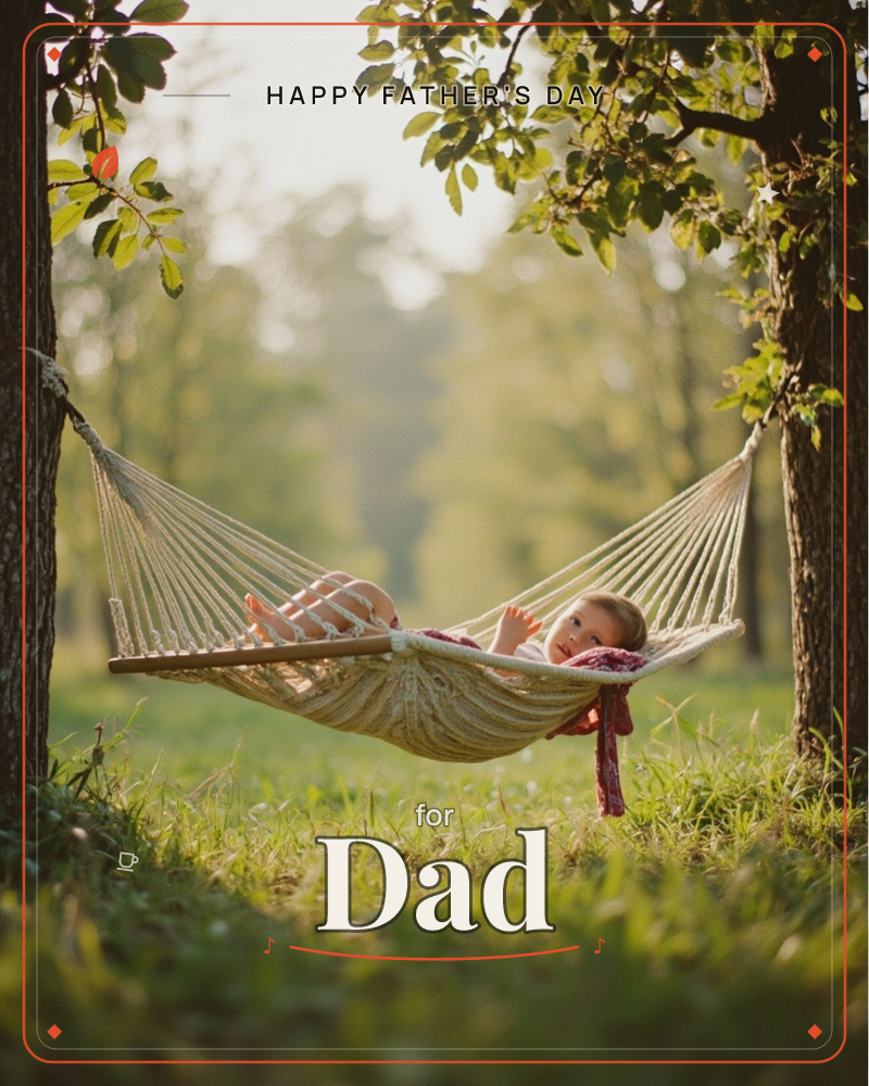 A baby lies in a woven cream hammock strung between two leafy trees, kicking bare feet in the air on a soft pink blanket, a fathersday e-card design
