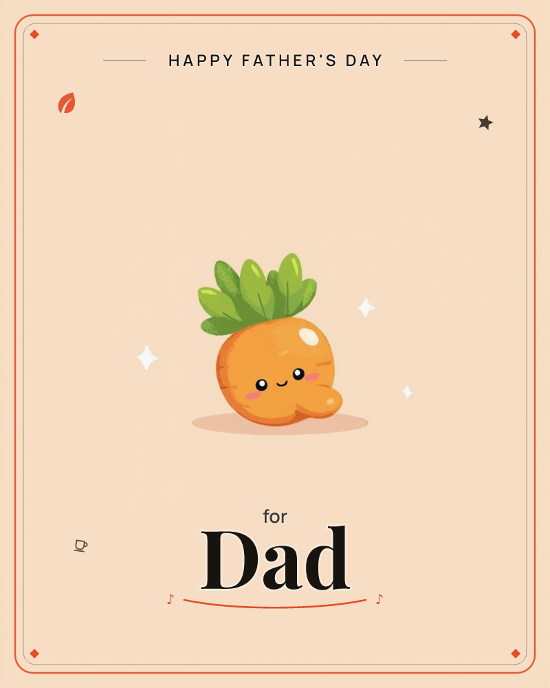 A single round-bellied cartoon carrot sits on a soft peach background, its green leafy top sprouting like hair and its stubby arms resting proudly on…, a fathersday e-card design