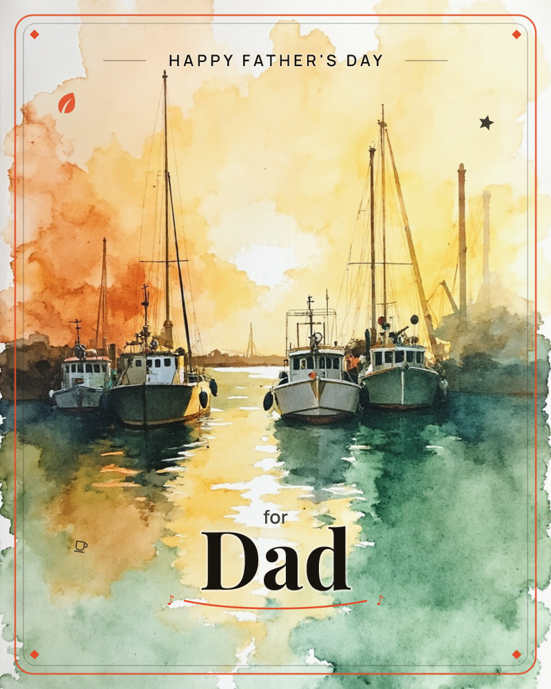 A harbor glows under a blazing amber sunset, four fishing boats moored in pairs with masts crossing the sky, a fathersday e-card design