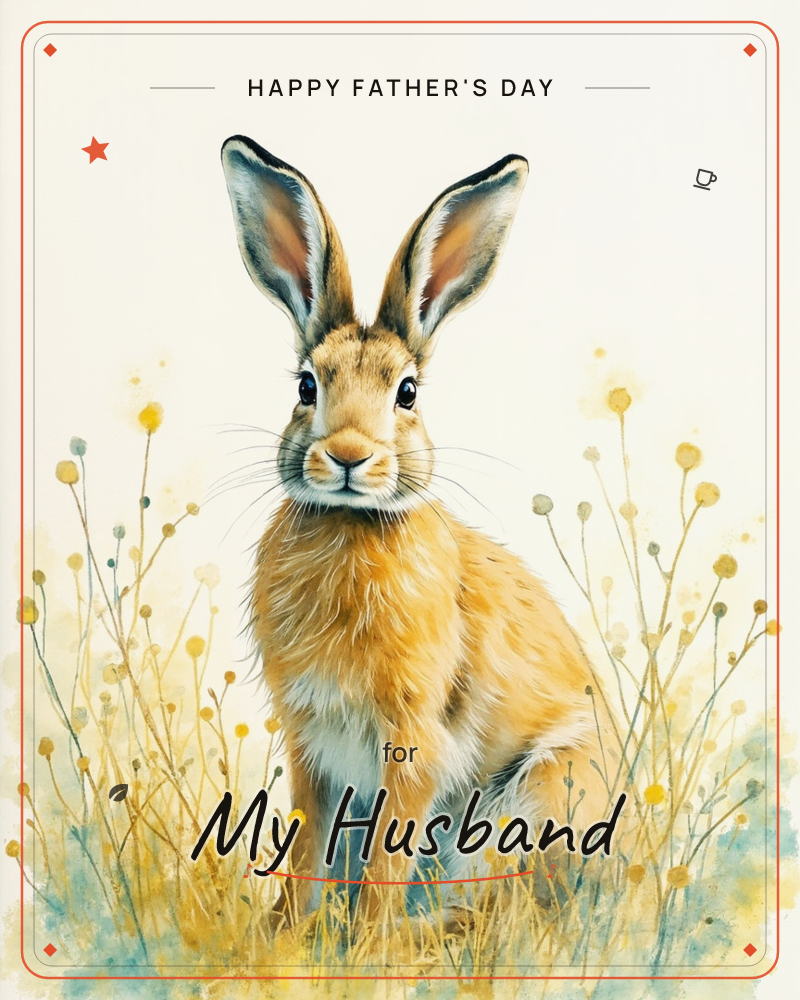 A watercolour hare sits upright amid tall, wispy grasses dotted with small yellow blooms, its long ears alert and dark eyes fixed forward, a fathersday e-card design