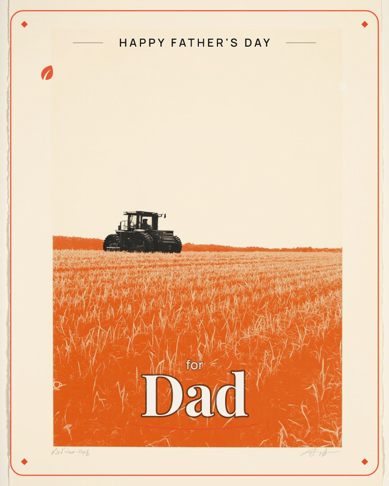 A lone tractor sits parked at the edge of a vast harvested field, its dark silhouette contrasting against rows of cut stubble rendered in bold burnt…, a fathersday e-card design