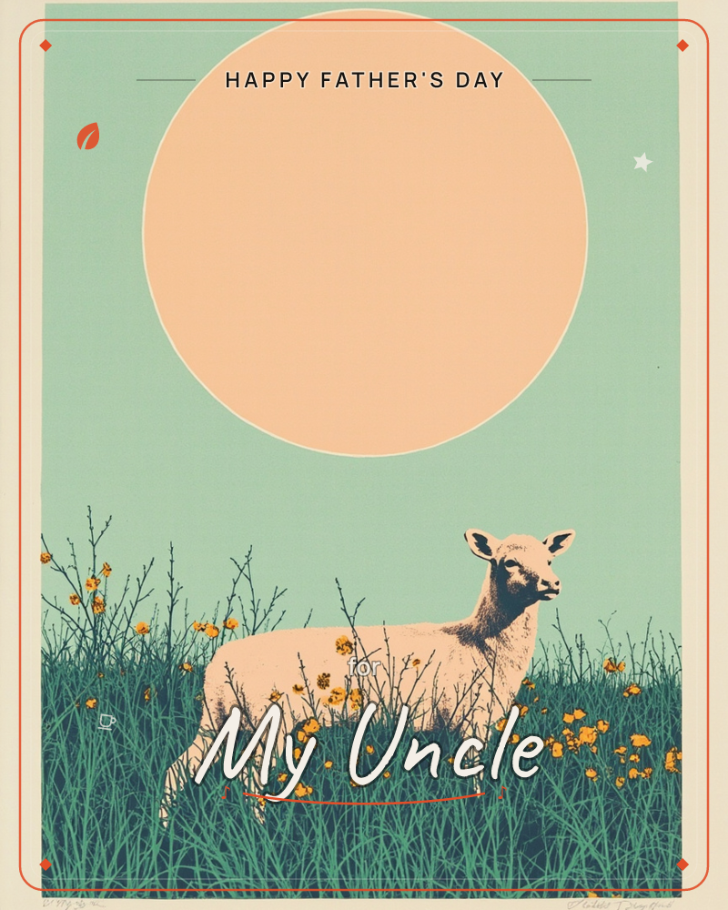 A pale lamb stands in tall grass scattered with small orange wildflowers, beneath a huge peach-coloured sun against a soft sage-green sky, a fathersday e-card design