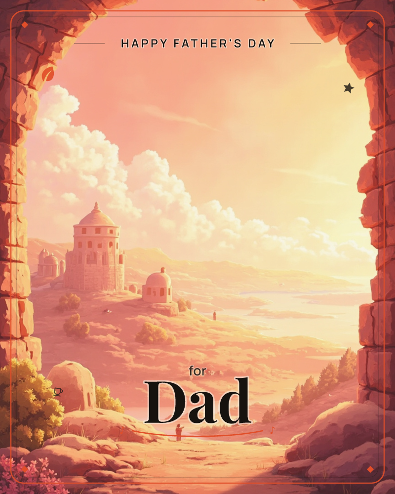 A weathered stone archway frames a sunlit view over a coastal landscape dotted with domed, sandstone buildings, a fathersday e-card design