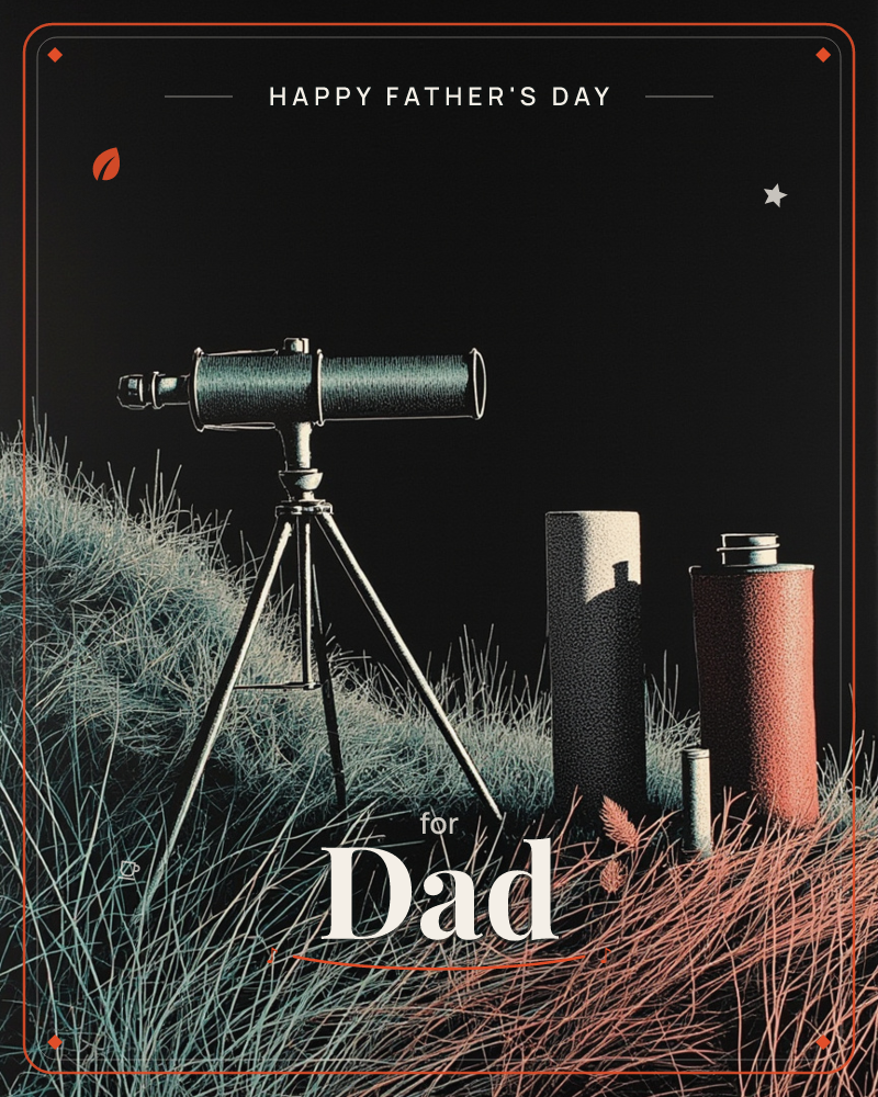 A telescope on a tripod stands on a grassy hillside against pure black night sky, flanked by two lidded canisters of contrasting sizes and a small…, a fathersday e-card design